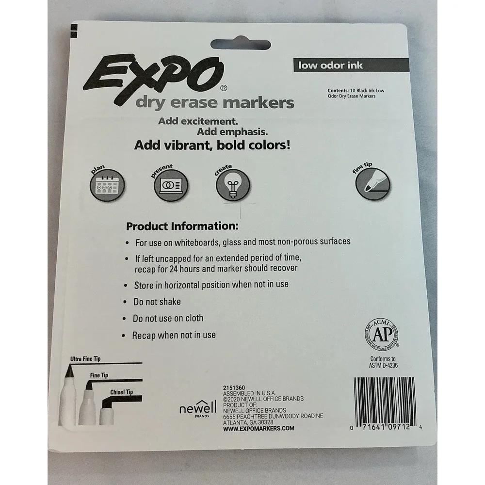 NEW EXPO Low-Odor Dry-Erase Marker, Fine‎ Point, Black, 10/Pack SEALED